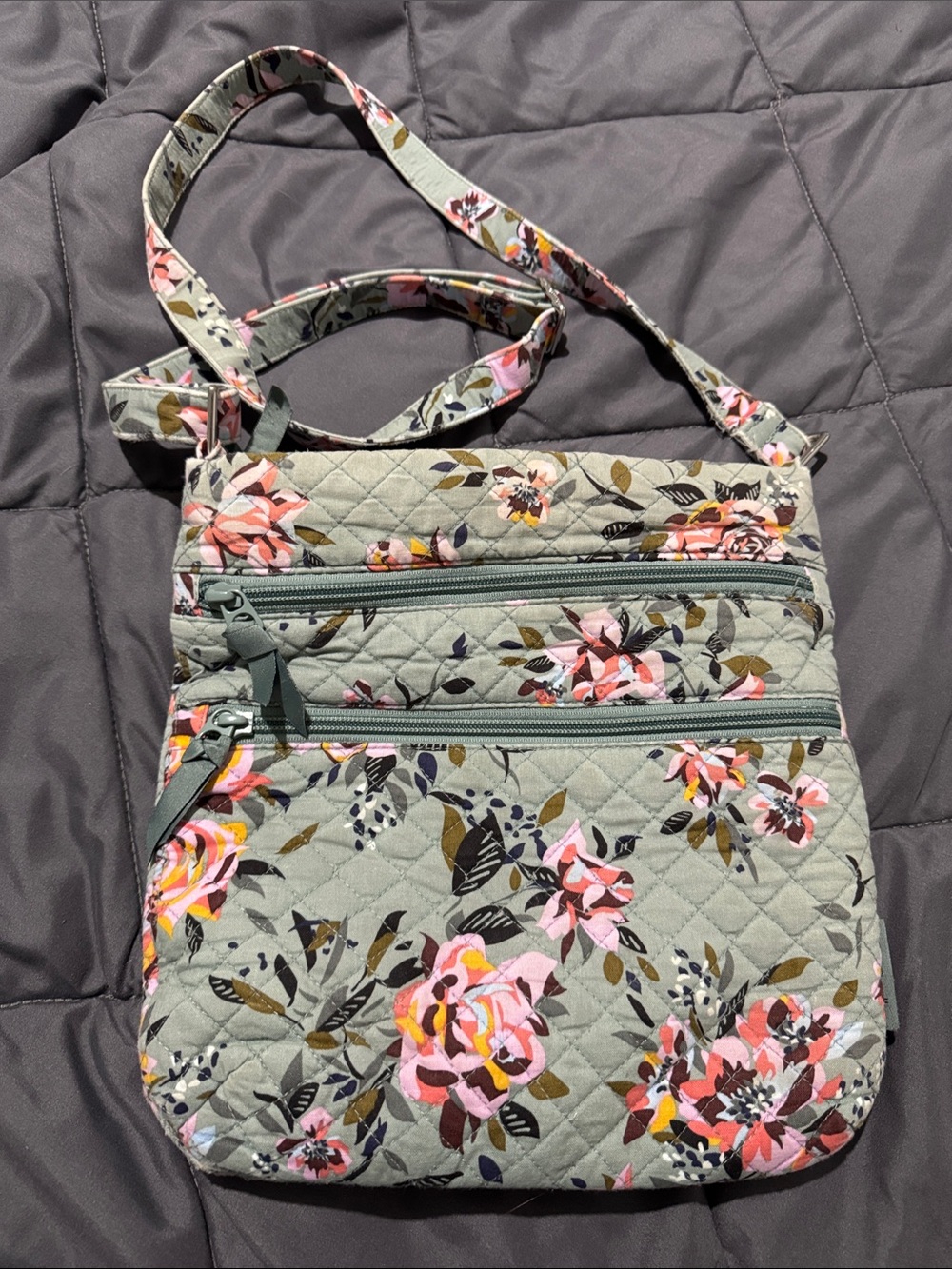 Vera Bradley Sage Floral Quilted Crossbody with Pink Blooms